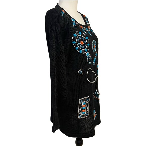 Victoria Jones Vintage 80s Beaded Knit Sweater Dress Shoulder Pad Oversize Tunic - Picture 6 of 12